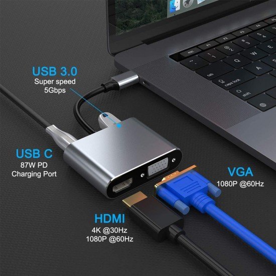 Второ изображение на4в1 HDMI, VGA, USB 3.0, USB-C PD 87W Hub към Type-C