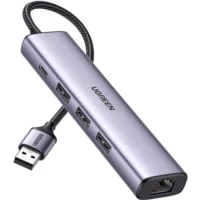 Adapter UGREEN 5in1 USB-A to 3x USB 3.0 + RJ45 + USB-C (silver)