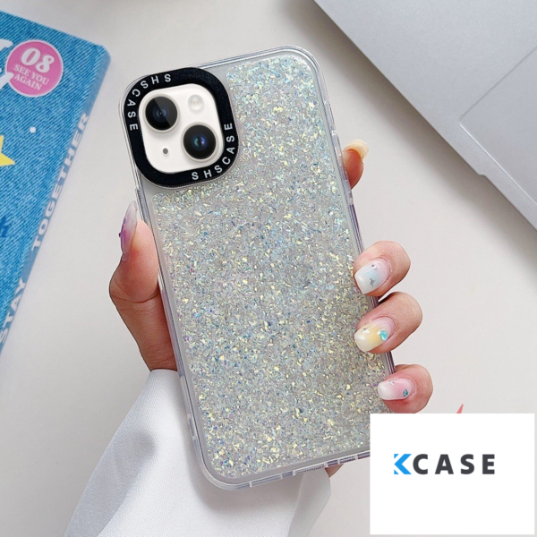 iPhone 15 Glitter епоксиден удароустойчив калъф за телефон /бял/