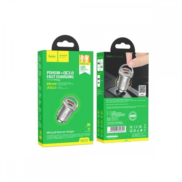 Авто накрайник HOCO NZ10 USB A + Type C PD QC3.0 4A 45W