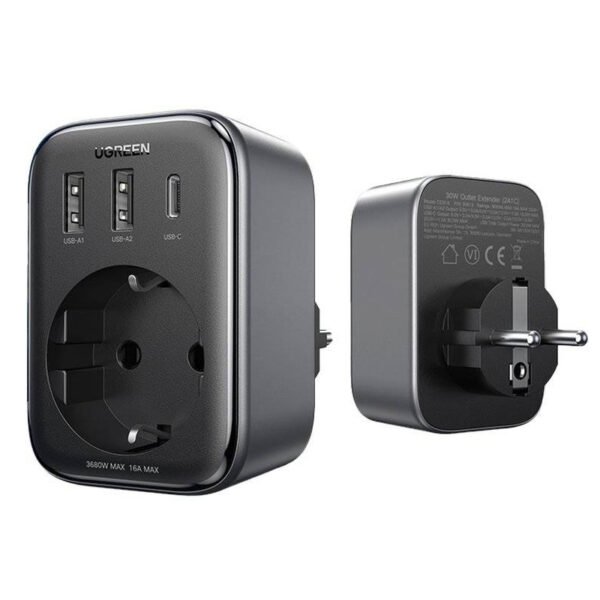 Адаптер за контакт UGREEN, 220V, AC 3680W, Бързо зарядно 2x USB-A, 1x USB-C, 30W, Черен