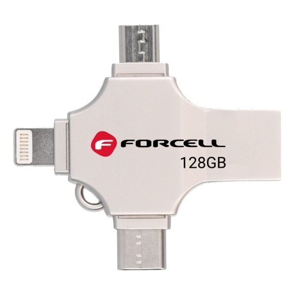 FORCELL F-DATA USB флаш памет, метална, четирикратна, 128GB, USB 3.2 Gen 1 (USB A / Type C / Lightning / Micro USB), сребриста