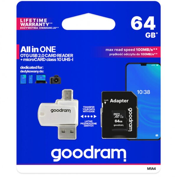 64GB microSDXC карта памет GoodRam с четец на карти и адаптер, клас 10 / UHS-1 U1 M1A4-0640R12